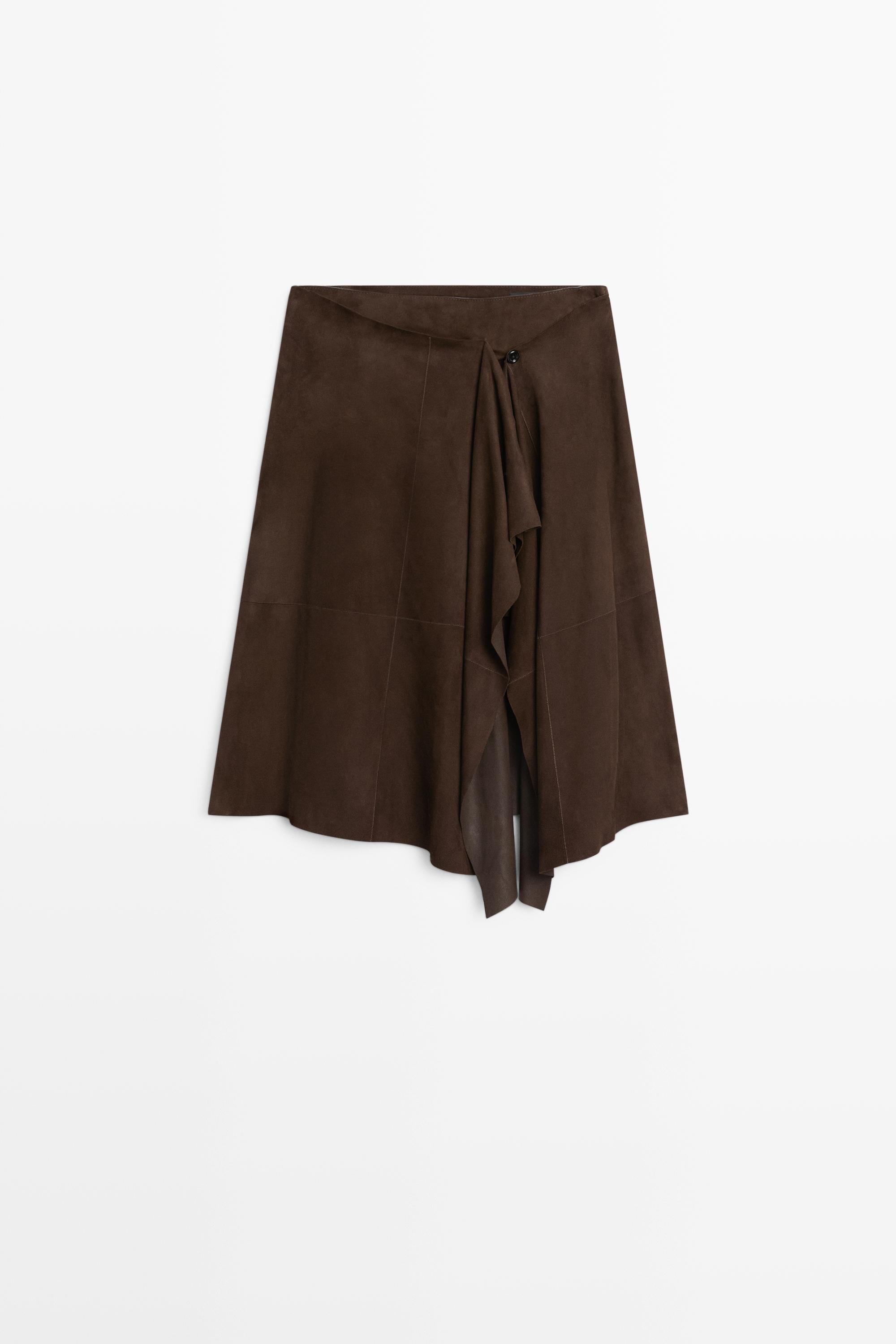 Jupe midi en daim avec détail volant